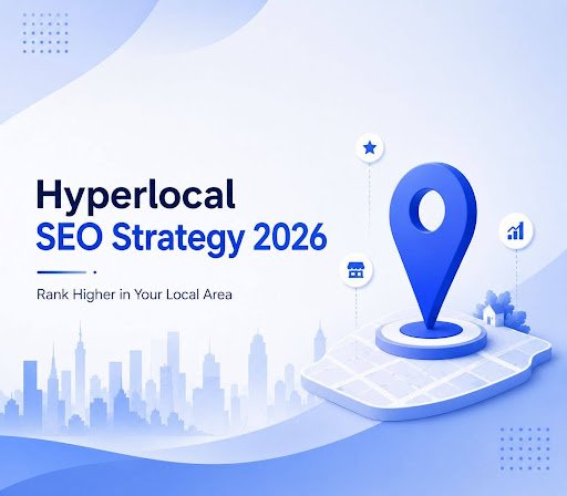 Hyperlocal SEO Strategy 2026 graphic with map pin and city skyline